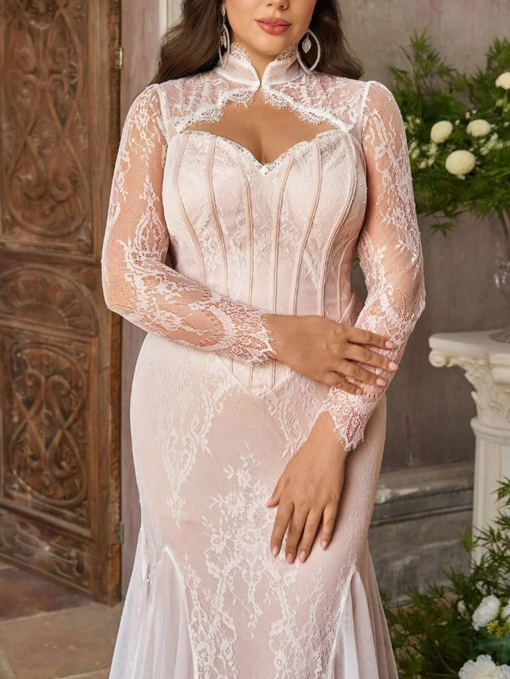 White Preppy Women's Floral Pattern Ruffle Sheer Sleeves Mermaid Wedding Dress